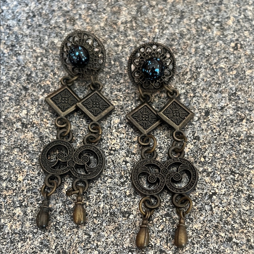 Vintage-Inspired Black and Bronze Dangle Earrings with black blue button detail